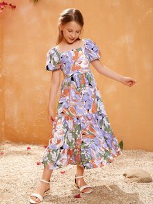 SHEIN Niñas Vestido abstracto con estampado floral de cuello cuadrado de manga farol bajo con fruncido - Multicolor - Ver 3