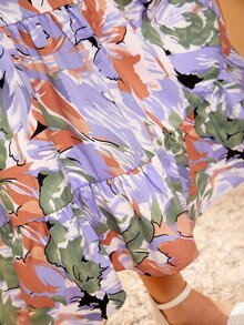 SHEIN Niñas Vestido abstracto con estampado floral de cuello cuadrado de manga farol bajo con fruncido - Multicolor - Ver 5