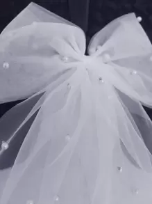 1 件仿珍珠细节蝴蝶结装饰优雅新娘面纱，适合婚礼秋季女士服装 - 白色 - 查看 2