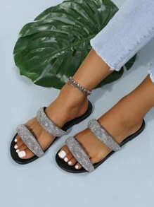 Mode flache Hausschuhe für Frauen im Freien, Strass Dekor mit zwei Riemen aus Kunststoff mit offener Zehenpartie