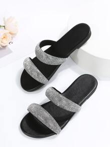 Mode flache Hausschuhe für Frauen im Freien, Strass Dekor mit zwei Riemen aus Kunststoff mit offener Zehenpartie