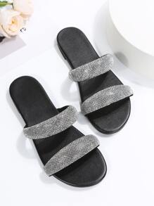 Mode flache Hausschuhe für Frauen im Freien, Strass Dekor mit zwei Riemen aus Kunststoff mit offener Zehenpartie