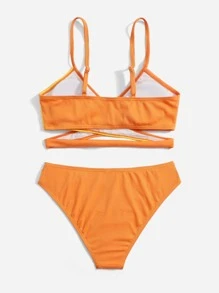 Tween Girl Ribbed Knit Two Tone Bikini Set Summer Beach - Orange - View 2