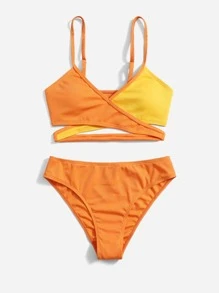 Tween Girl Ribbed Knit Two Tone Bikini Set Summer Beach - Orange - View 5