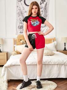 ROMWE Street Life 80s Color-block Car Print Raglan Sleeve Tee & Shorts - Multicolor - View 3