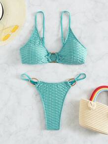 Honeycomb Ring Linked Scrunch Butt Bikini Set, For Summer Beach Vacation - Mint Blue - View 5