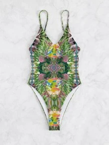 Allover Print Backless One Piece Swimsuit, For Summer Beach Vacation - Green - View 4