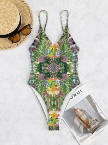 Allover Print Backless One Piece Swimsuit, For Summer Beach Vacation - Green - View 7