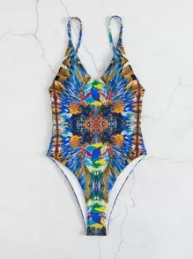 Allover Print Backless One Piece Swimsuit, For Summer Beach Vacation - Blue - View 6