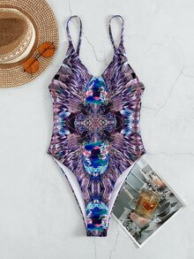 Allover Print Backless One-Piece Swimsuit, For Summer Beach Vacation - Purple - View 6