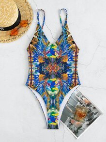Allover Print Backless One Piece Swimsuit, For Summer Beach Vacation - Blue - View 7