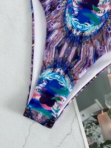 Allover Print Backless One-Piece Swimsuit, For Summer Beach Vacation - Purple - View 3