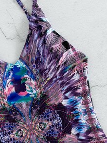 Allover Print Backless One-Piece Swimsuit, For Summer Beach Vacation - Purple - View 4