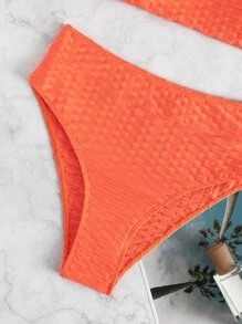 SHEIN Swim Summer Beach Neon Orange Textured High Waisted Bikini - Coral Orange - View 4
