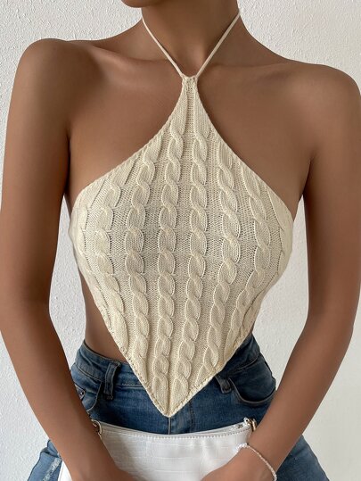 de espalda abierta con nudo bajo hanky Cable halter Top de punto