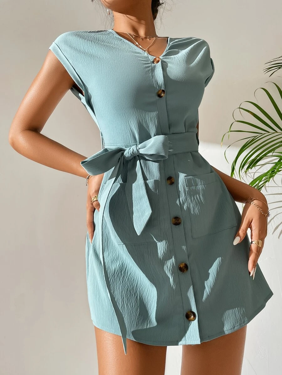 SHEIN PETITE Dual Pocket Button Through Belted Dress - Cadet Blue - View 1