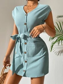 SHEIN PETITE Dual Pocket Button Through Belted Dress - Cadet Blue - View 3