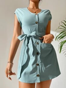 SHEIN PETITE Dual Pocket Button Through Belted Dress - Cadet Blue - View 4