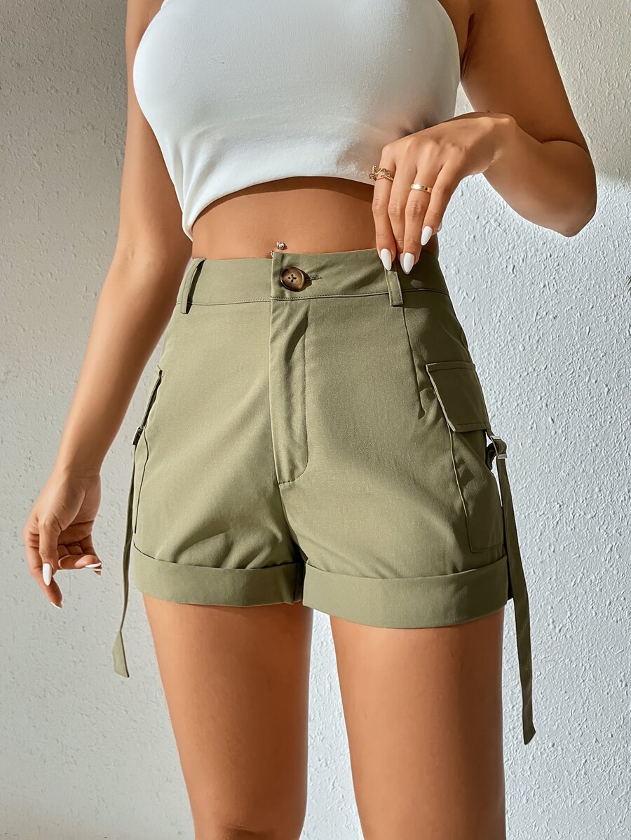 SHEIN PETITE Quần đùi nữ Nút Túi Dây kéo màu trơn Giải trí - xanh quân đội - Xem 1