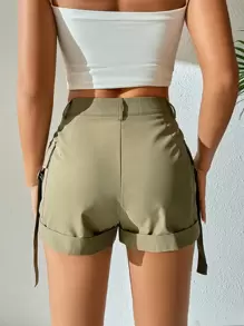 SHEIN PETITE Quần đùi nữ Nút Túi Dây kéo màu trơn Giải trí - xanh quân đội - Xem 2