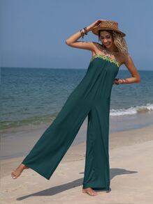 Rusttydustty Contrast Geo Embroidery Tape Plicated Detail Tube Wide Leg Jumpsuit - Dark Green - View 1