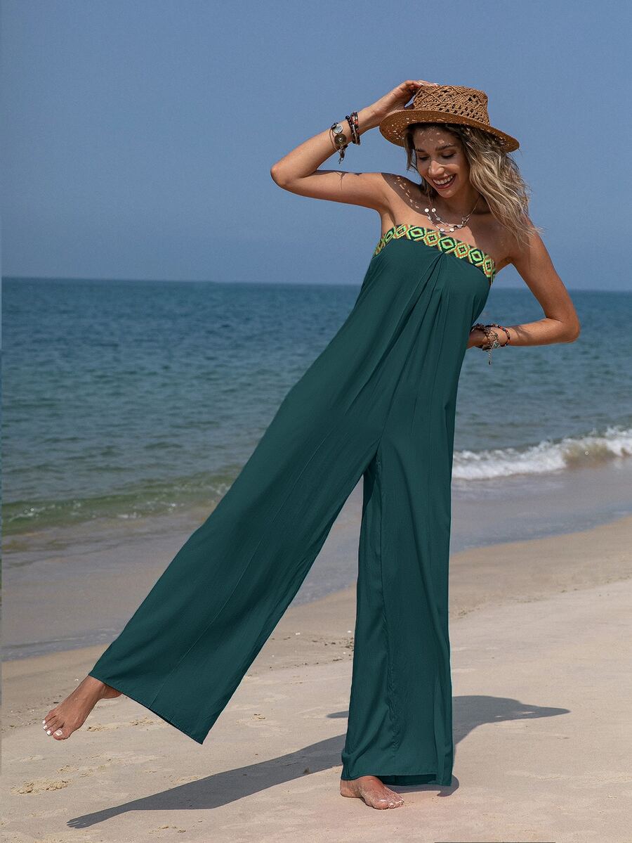 Rusttydustty Contrast Geo Embroidery Tape Plicated Detail Tube Wide Leg Jumpsuit - Dark Green - View 1