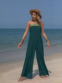 Rusttydustty Contrast Geo Embroidery Tape Plicated Detail Tube Wide Leg Jumpsuit - Dark Green - View 3