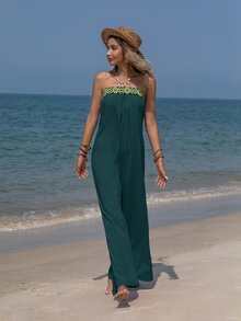 Rusttydustty Contrast Geo Embroidery Tape Plicated Detail Tube Wide Leg Jumpsuit - Dark Green - View 4