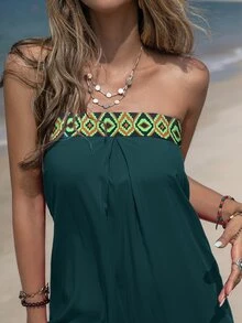 Rusttydustty Contrast Geo Embroidery Tape Plicated Detail Tube Wide Leg Jumpsuit - Dark Green - View 5