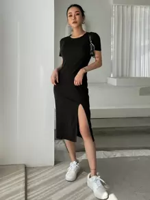 DAZY Solid Split Thigh Dress Sundress - Black - View 1
