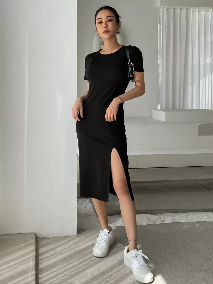 DAZY Solid Split Thigh Dress Sundress - Black - View 1