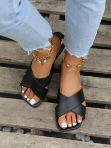 Cross Strap Slide Sandals - Black - View 1