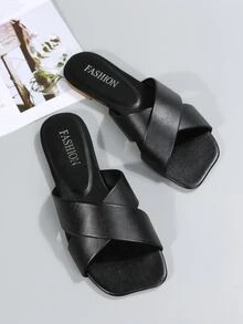 Cross Strap Slide Sandals - Black - View 4