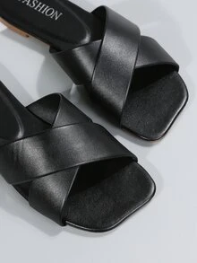 Cross Strap Slide Sandals - Black - View 5