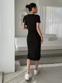 DAZY Solid Split Thigh Dress Sundress - Black - View 2