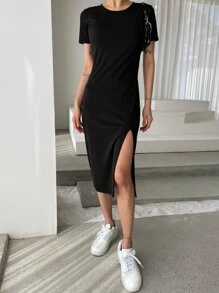 DAZY Solid Split Thigh Dress Sundress - Black - View 3