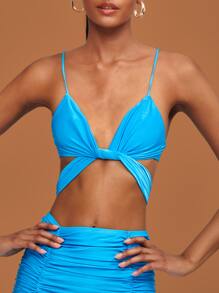 SHEIN BAE 十字交叉後綁帶吊帶短上衣和褶邊鉛筆裙 - 薄荷藍 - 查看 3