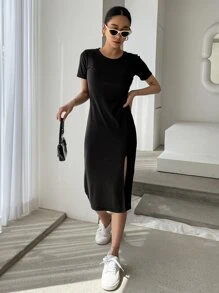 DAZY Solid Split Thigh Dress Sundress - Black - View 5