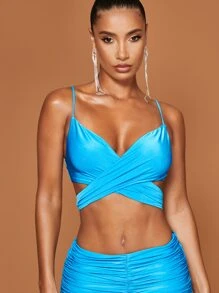 SHEIN BAE 十字交叉後綁帶吊帶短上衣和褶邊鉛筆裙 - 薄荷藍 - 查看 5