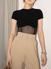 DAZY Solid Mesh Insert Crop Tee - Black - View 5