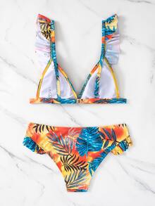 Bikini triangular de microfibra con estampado tropical y ribete de volantes al azar - Multicolor - Ver 5