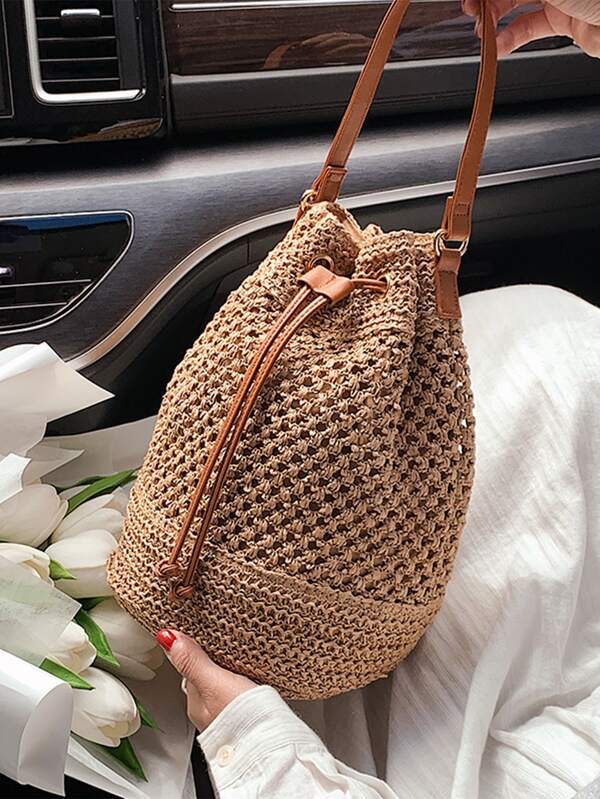 Minimalist Drawstring Straw Bag,Perfect For Summer Beach Travel Vacation SHEIN USA