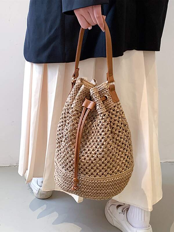 Minimalist Drawstring Straw Bag,Perfect For Summer Beach Travel Vacation SHEIN USA