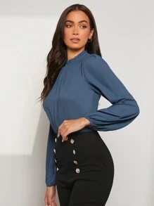 SHEIN Clasi Frilled Neck Lantern Sleeve Top - Dusty Blue - View 2