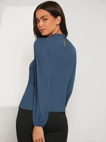 SHEIN Clasi Frilled Neck Lantern Sleeve Top - Dusty Blue - View 3