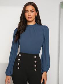 SHEIN Clasi Frilled Neck Lantern Sleeve Top - Dusty Blue - View 6