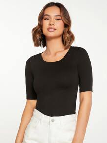 SHEIN BASICS Solid Scoop Neck Tee - Black - View 1