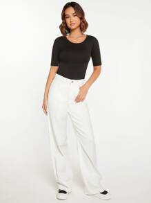 SHEIN BASICS Solid Scoop Neck Tee - Black - View 3