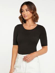 SHEIN BASICS Solid Scoop Neck Tee - Black - View 5