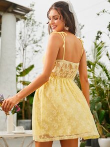 肩上打結蕾絲吊帶連衣裙 - 黃色 - 查看 2
